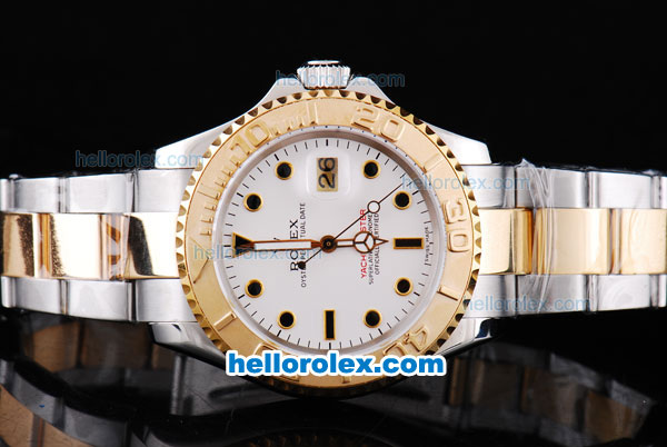 Rolex Yacht-Master Oyster Perpetual Chronometer Automatic Two Tone with White Dial,Gold Bezel and Black Round Bearl Marking-Small Calendar - Click Image to Close